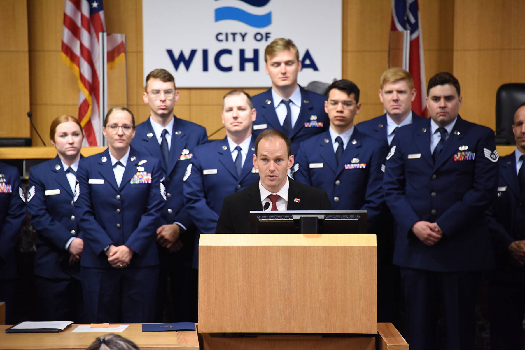 Wichita Mayor Brandon Whipple reads the 184th Wing Appreciation Day proclamation.